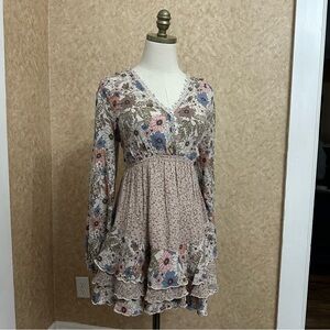 Lace Retro Floral Patchwork V-neck Boho Western Ruffle Tiered Tie Back Dress
